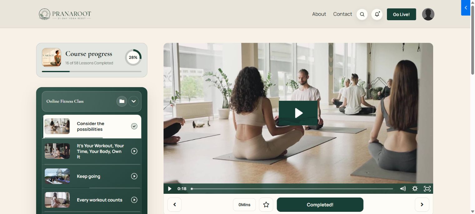 A real Ojas Aura member preview using the PranaRoot yoga Course as demonstration content.
