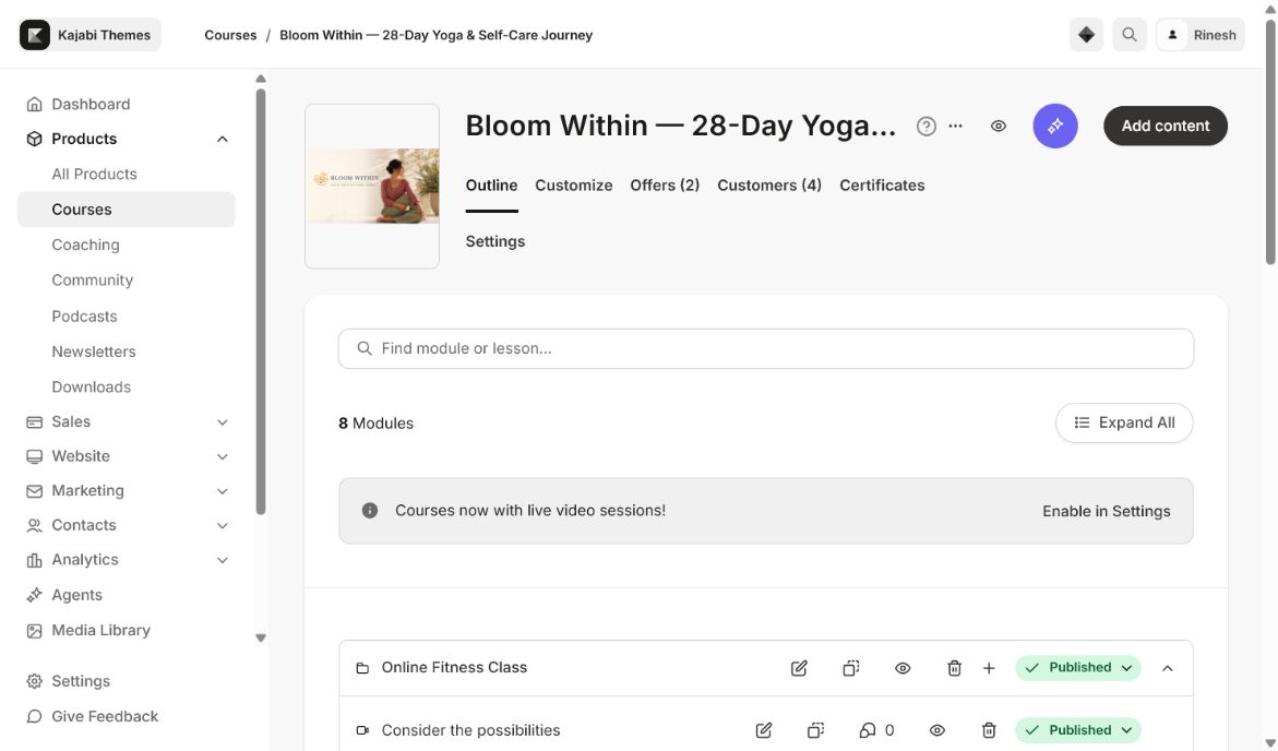Confirm the Bloom Within Course and its content outline before changing its template.