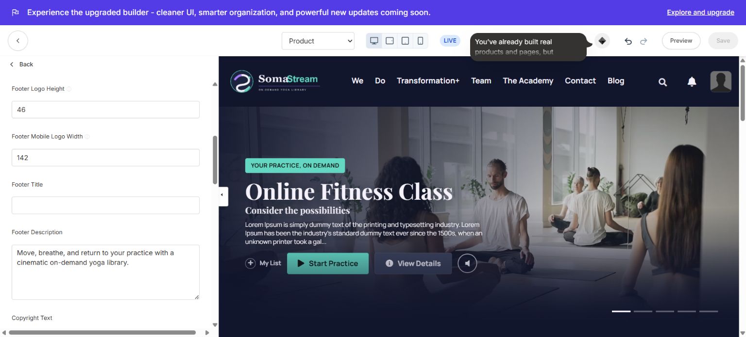 Footer settings include brand details, links and mobile tab-bar labels.